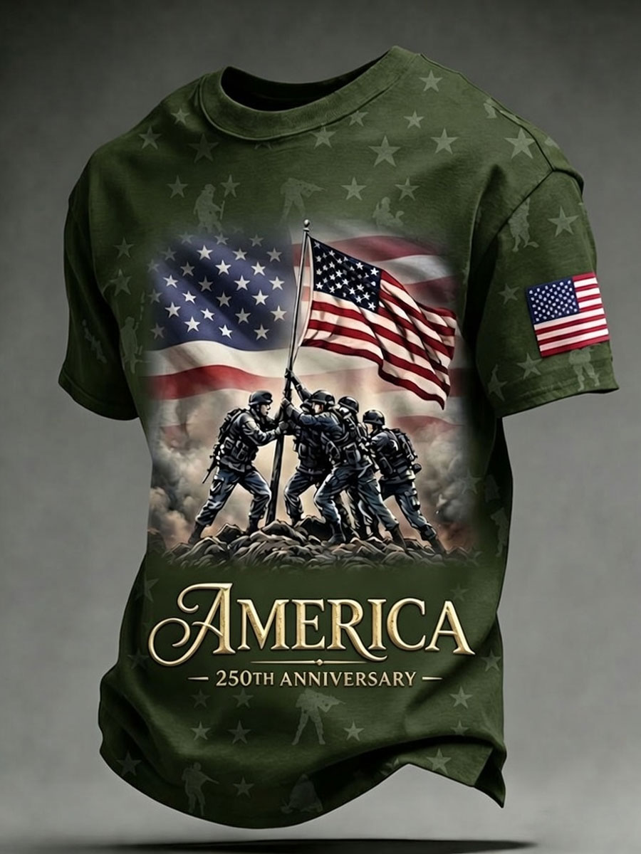 Men'S Retro America 250 National Flag Print Casual T Shirt