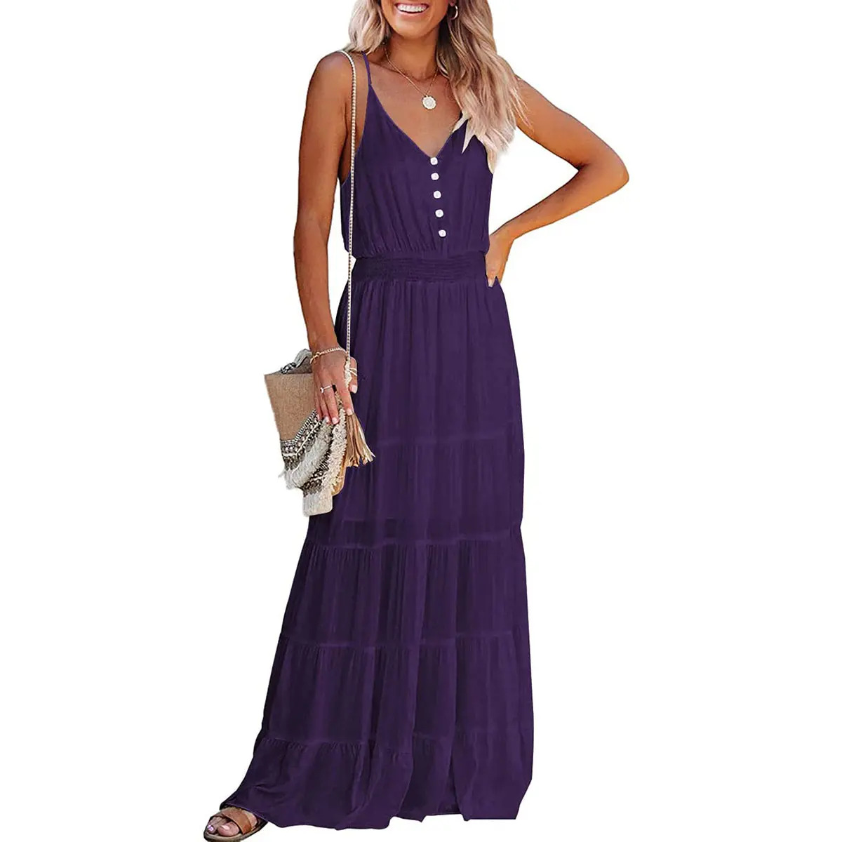 Women's Casual Summer Dress Spaghetti Strap Sleeveless High Waist Beach Long Maxi Sun Dresses