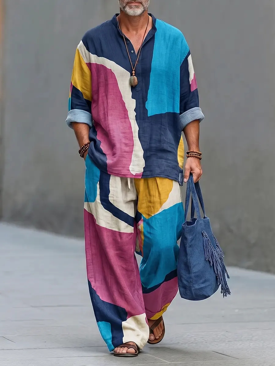 Comfortable Abstract Art Print Linen Pants Set