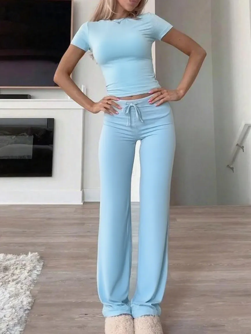 Women's Plain Shortsleeve Top & Drawstring Pants Set