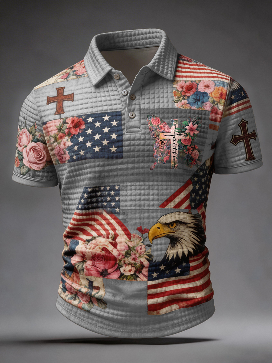 Patchwork American Flag Eagle Faith Cross Waffle Polo Shirt
