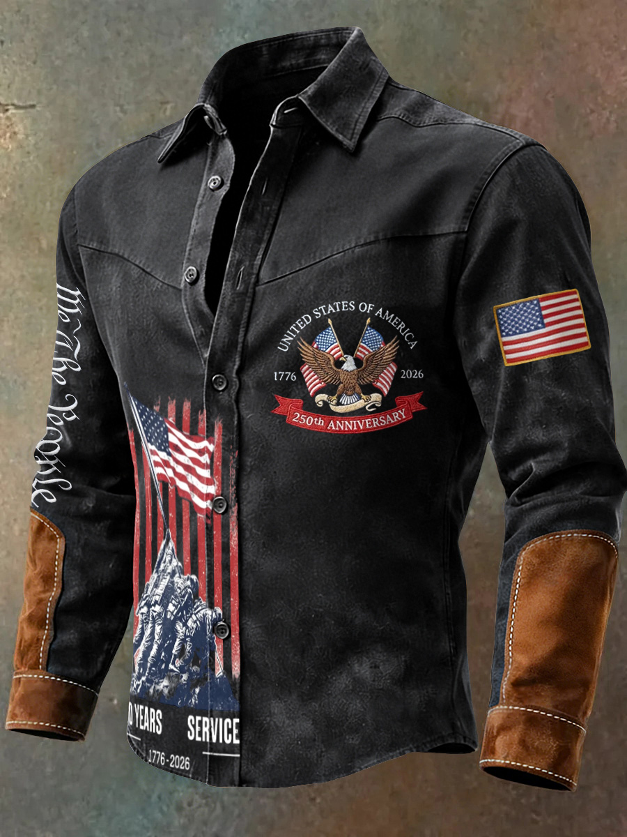 Men's Retro 250Th Anniversary Celebration Printed Patchwork Long Sleeved Button Up Shirt