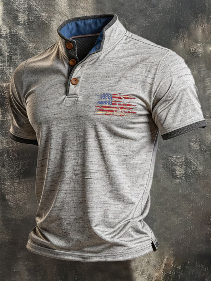 Men'S Retro Cotton Splicing Ribbon Stand Up Collar Design T-Shirt
