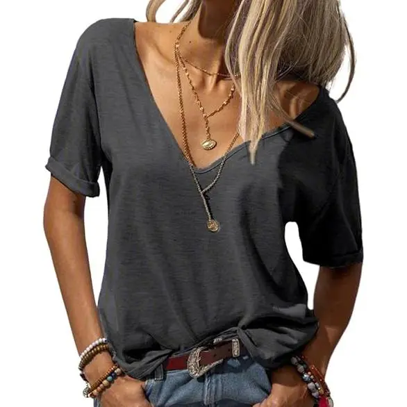 Women's Fashion Deep V-Neck Short Sleeve Tops Solid Casual Loose Basic T Shirt