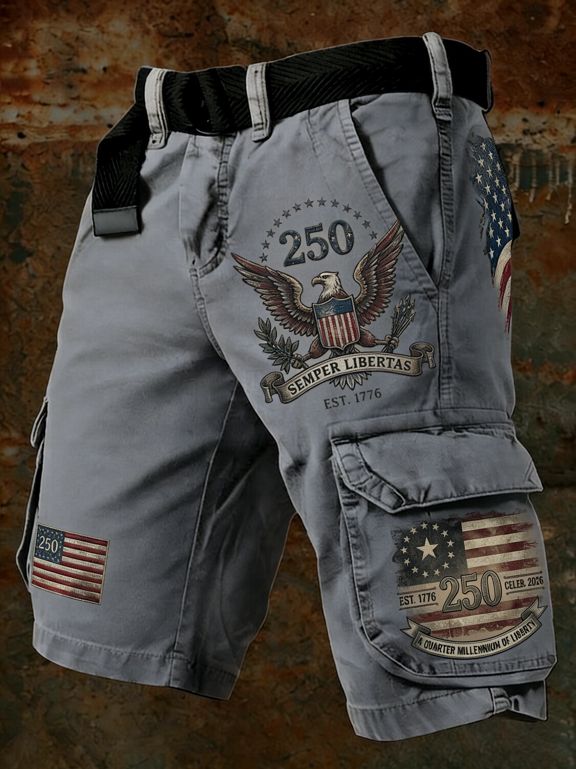 Men's Anniversary American Flag Eagle Print Denim-Like Cargo Shorts