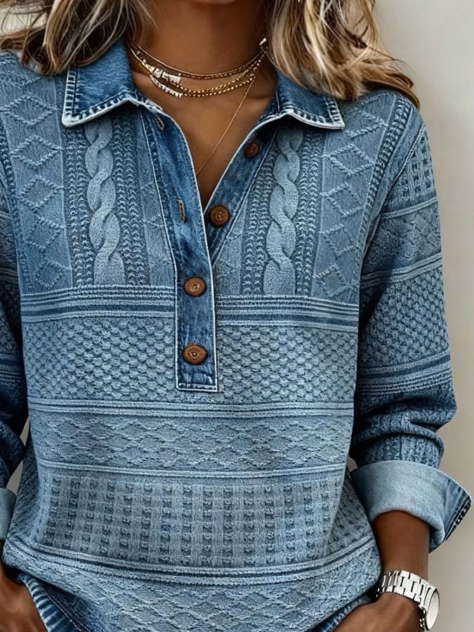 Women'S Casual Collared Color-Blocked Pullover Sweatshirt