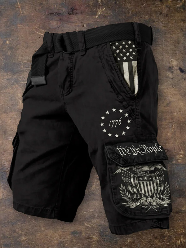 Men's 1776 Independence Day Vintage Flag Print Denim-Like Cargo Shorts