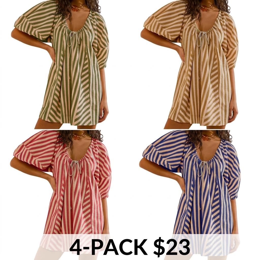 Women's Striped Wide Leg Romper – Puff Sleeve Loose Jumpsuit with Pockets