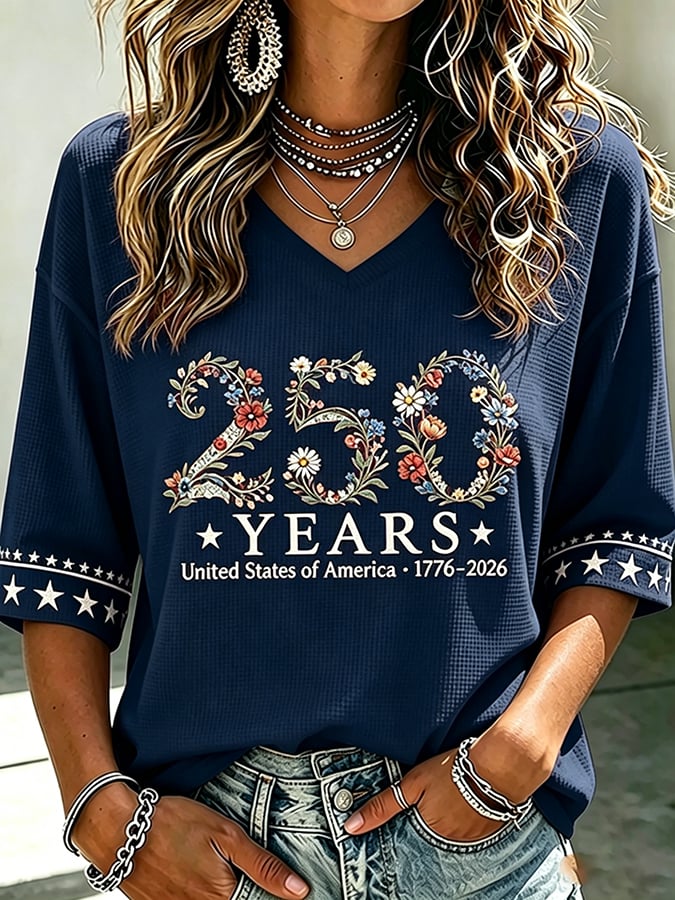 Women's 250 Years Of Freedom Flower Art Print V Neck Top