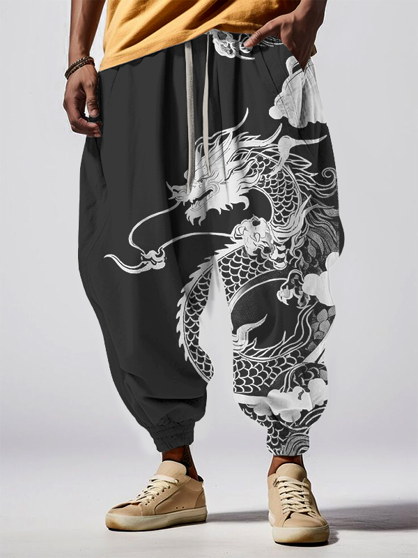 Men's Retro Dragon Art Print Loose Drawstring Waist Sweatpants