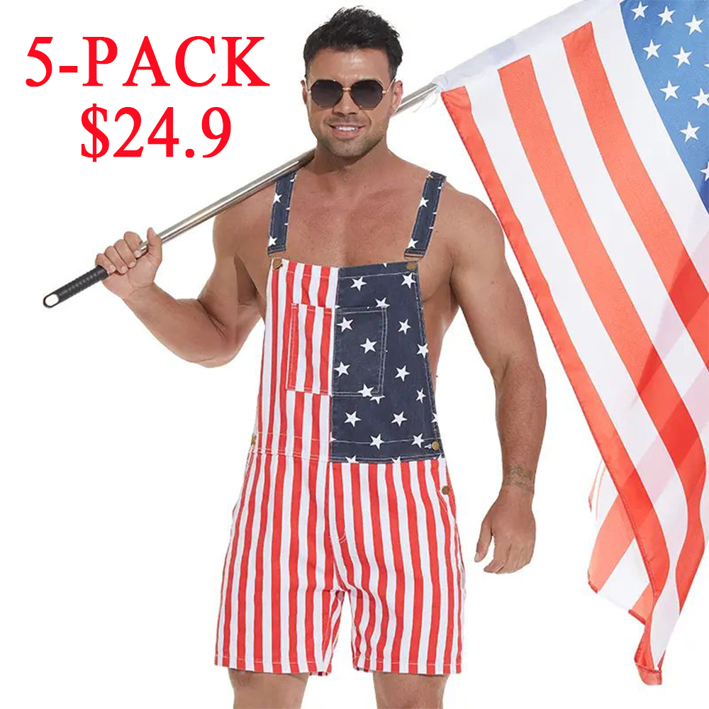 4th of July American Flag Overalls for Men and Women Unisex USA 250th Anniversary Shorts Stretchy Denim Romper Memorial Day Coveralls Patriotic Gifts Summer Wins Wear Independence Day Jumpsuits Fashion Father's Day BBQ Outdoor Menswear