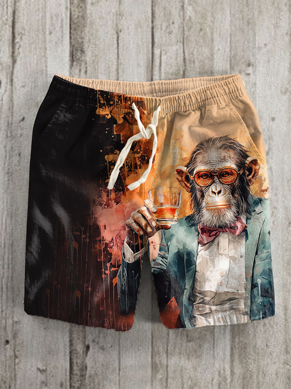 Men's Gentleman Monkey Whiskey Ink Splash Art Print Casual Shorts