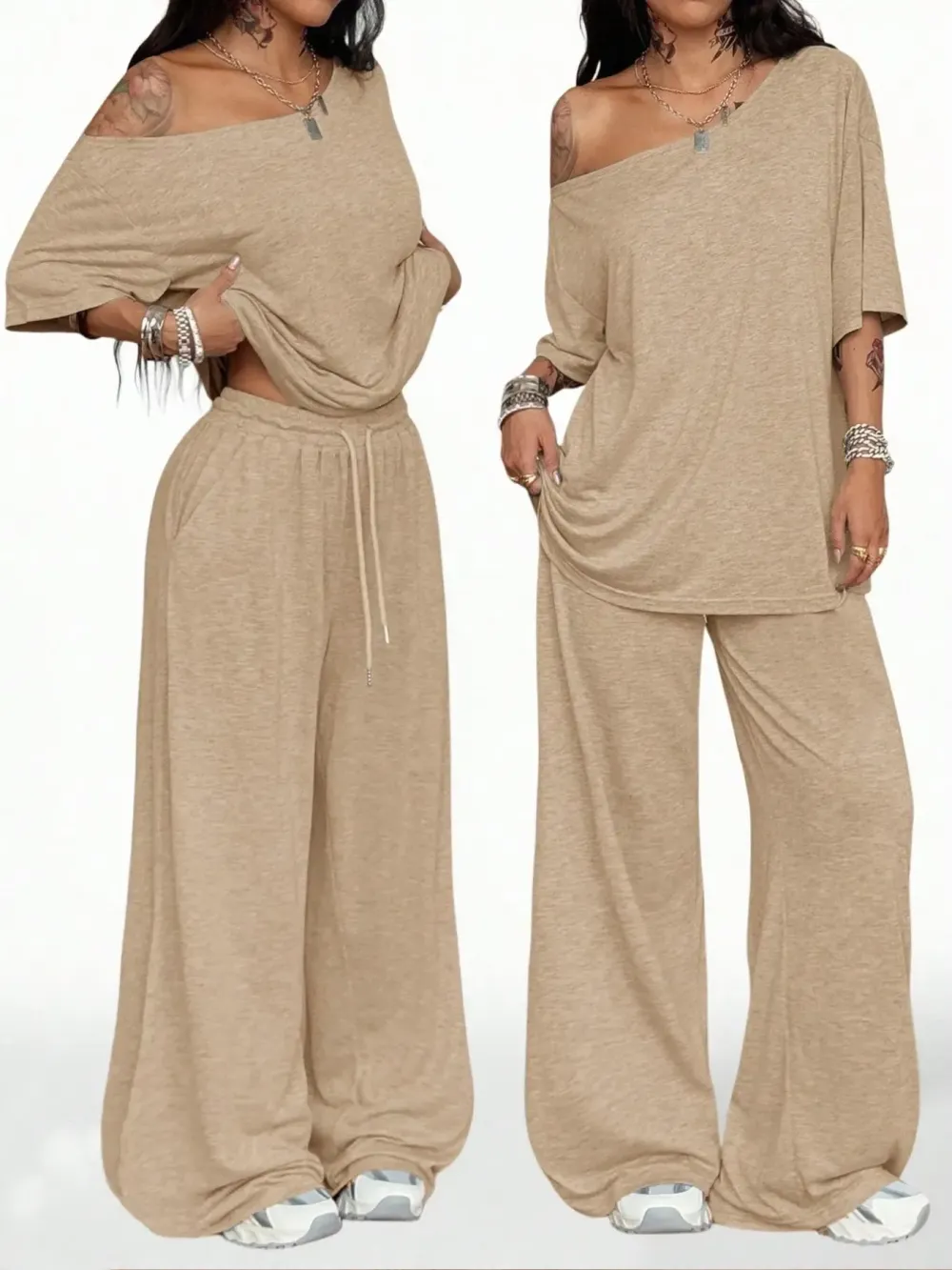 Women's Casual Solid Color Sport Two-Piece Set, Loose Long Pants & Wide Leg Slant Neck Pant Suit