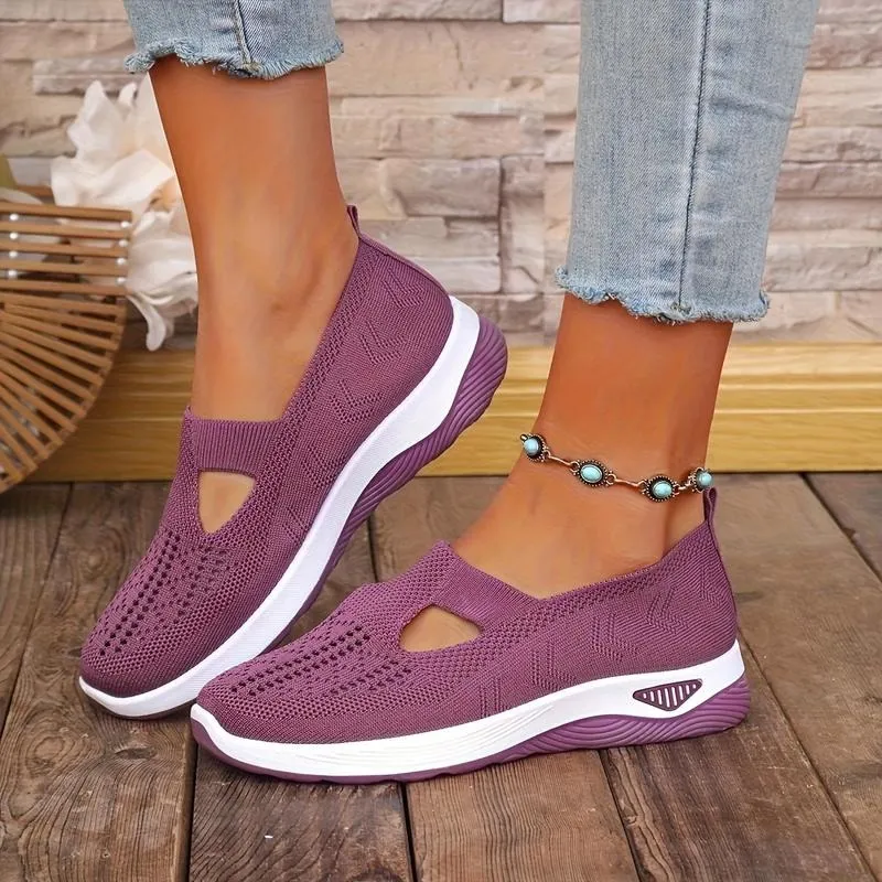 Women's Slip-Ons - Airy Mesh Sneakers with Hollow Cut-Out Design | Lightweight & Cute for Outdoor Walking
