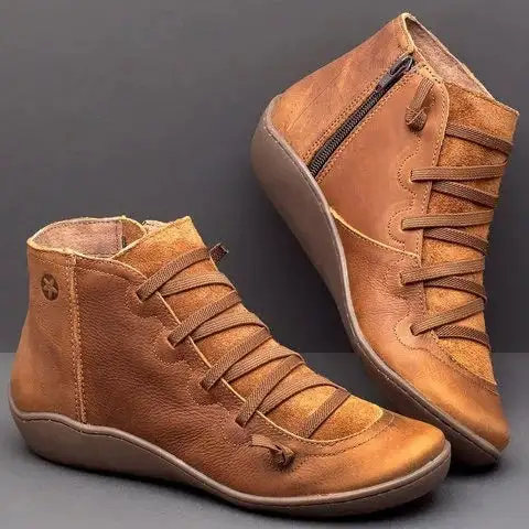 New Leather Ankle Boots Autumn Vintage Lace Up Women Shoes Comfortable Flat Heel Boots Female Zipper Short Boots Dropshipping