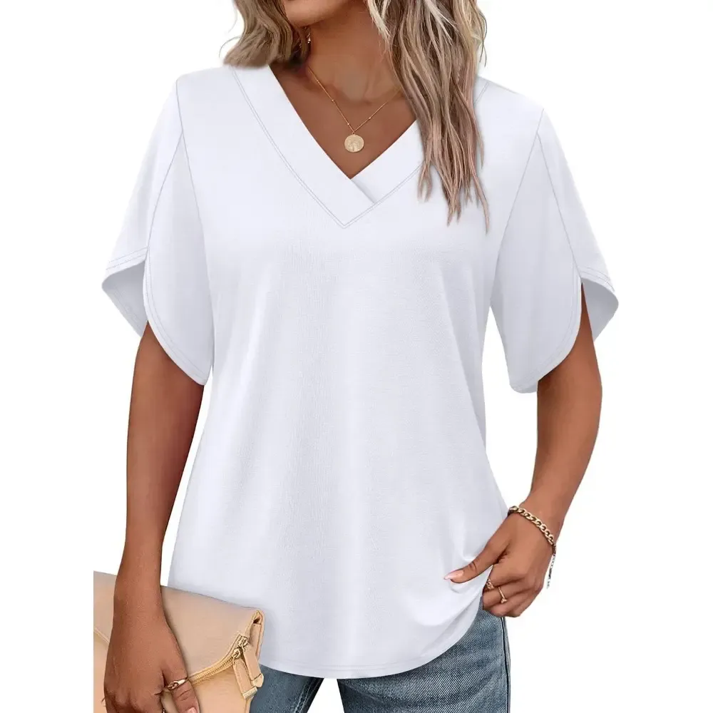 Womens Short Sleeve V Neck Dolman Tops with Side Shirring Loose Fit Shirts