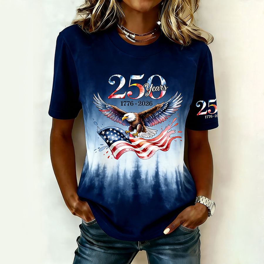 American Women'S Casual American Flag Printed Round Neck T-Shirt