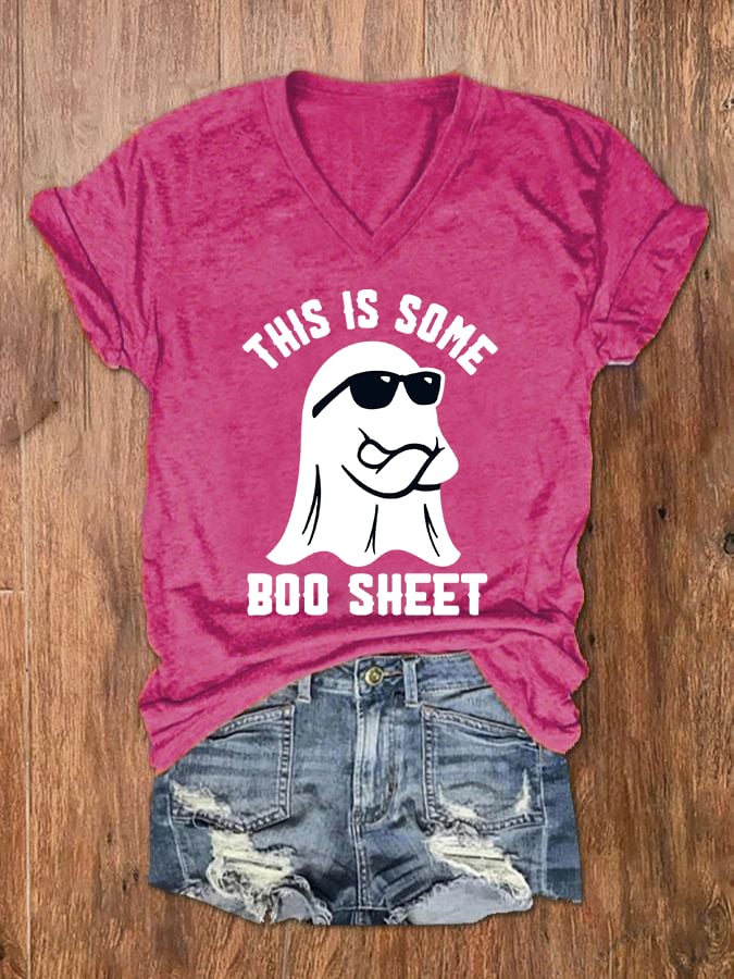 Women's Halloween This Is Some Boo Sheet Print V-Neck T-Shirt