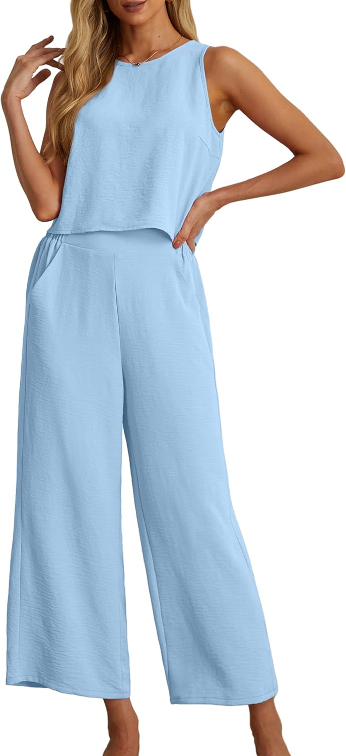 Women's Summer 2 Piece Outfits Set Round neck Sleeveless Tank Crop Top Wide Leg pants Set Pockets Jumpsuits