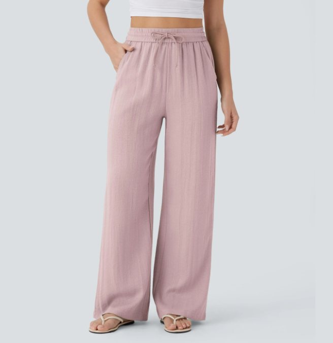 High Waisted Drawstring Pocket Wide Leg Baggy Casual Linen-Feel Pants