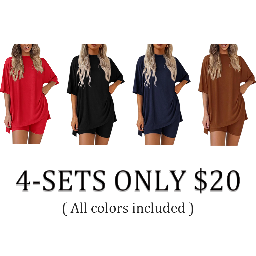 Women’s Oversized Lounge Set-Breathable Crewneck Top & Pocket Shorts