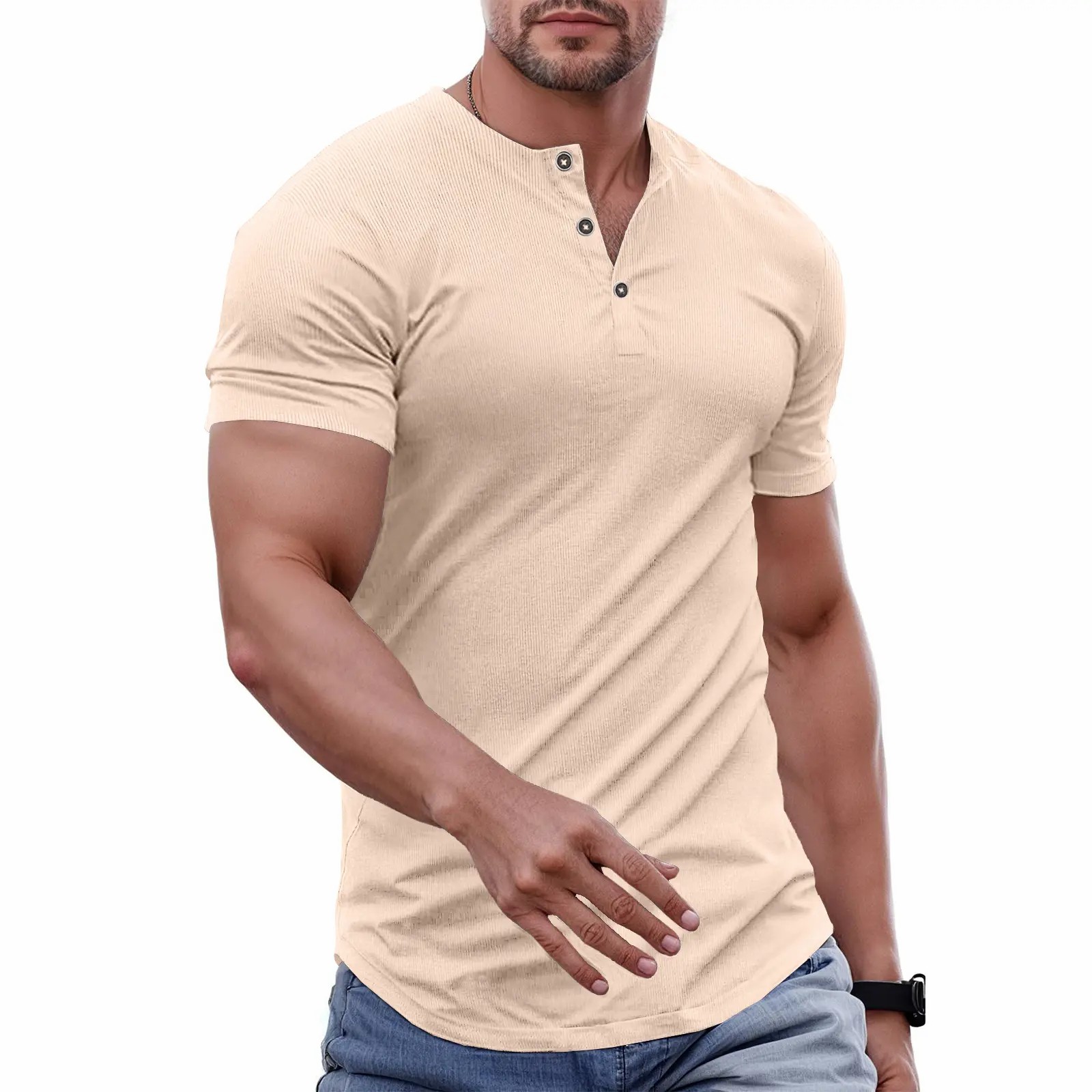 Men's Slim Fit Henley T-Shirt – Muscle Fit Longline Crewneck with Button Detail, Gym & Streetwear