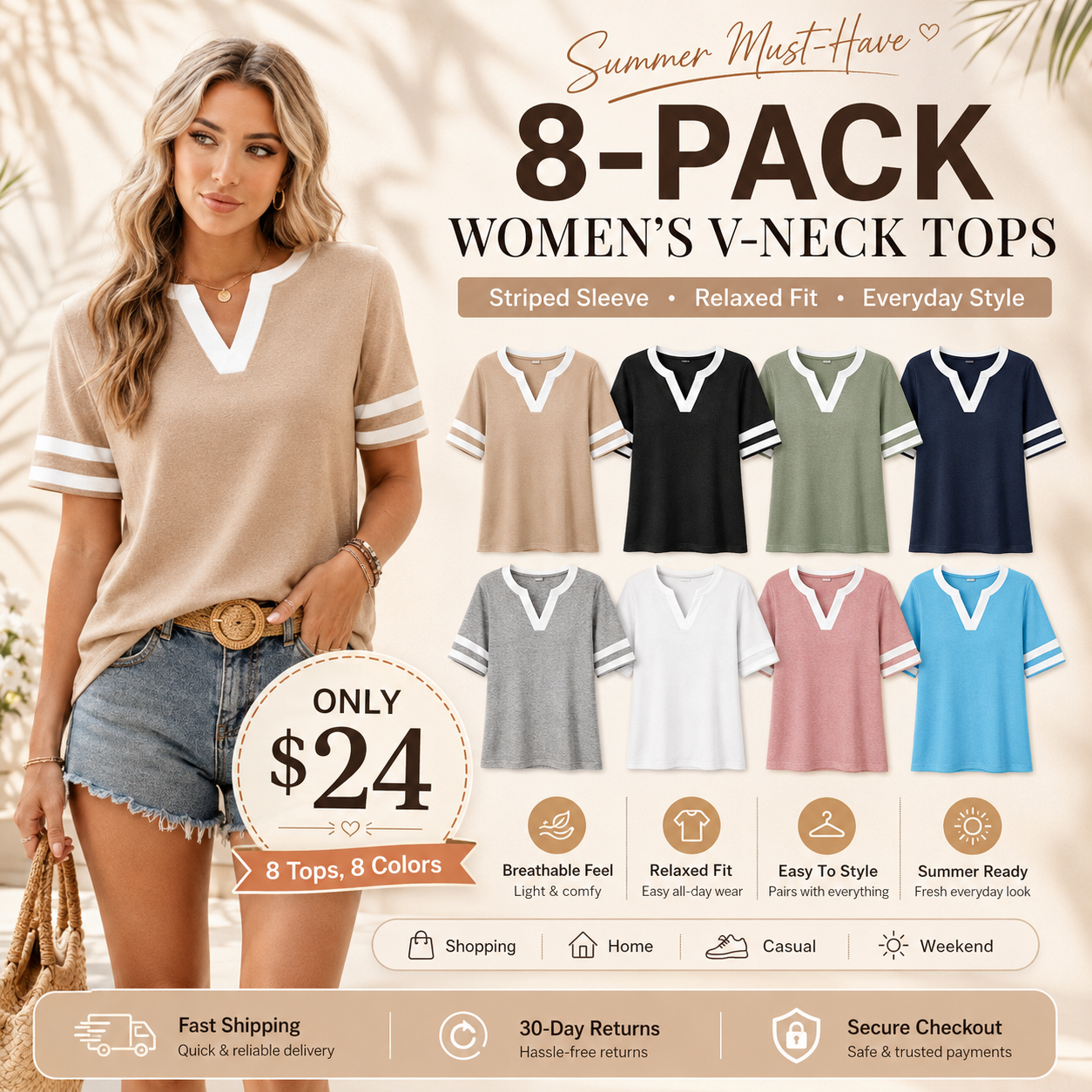 🔥Final 3 hours 75% off:🌸Women's V-Neck Striped Short Sleeve Top Fitted Cotton Blend Breathable Summer Daily Wear Blouse