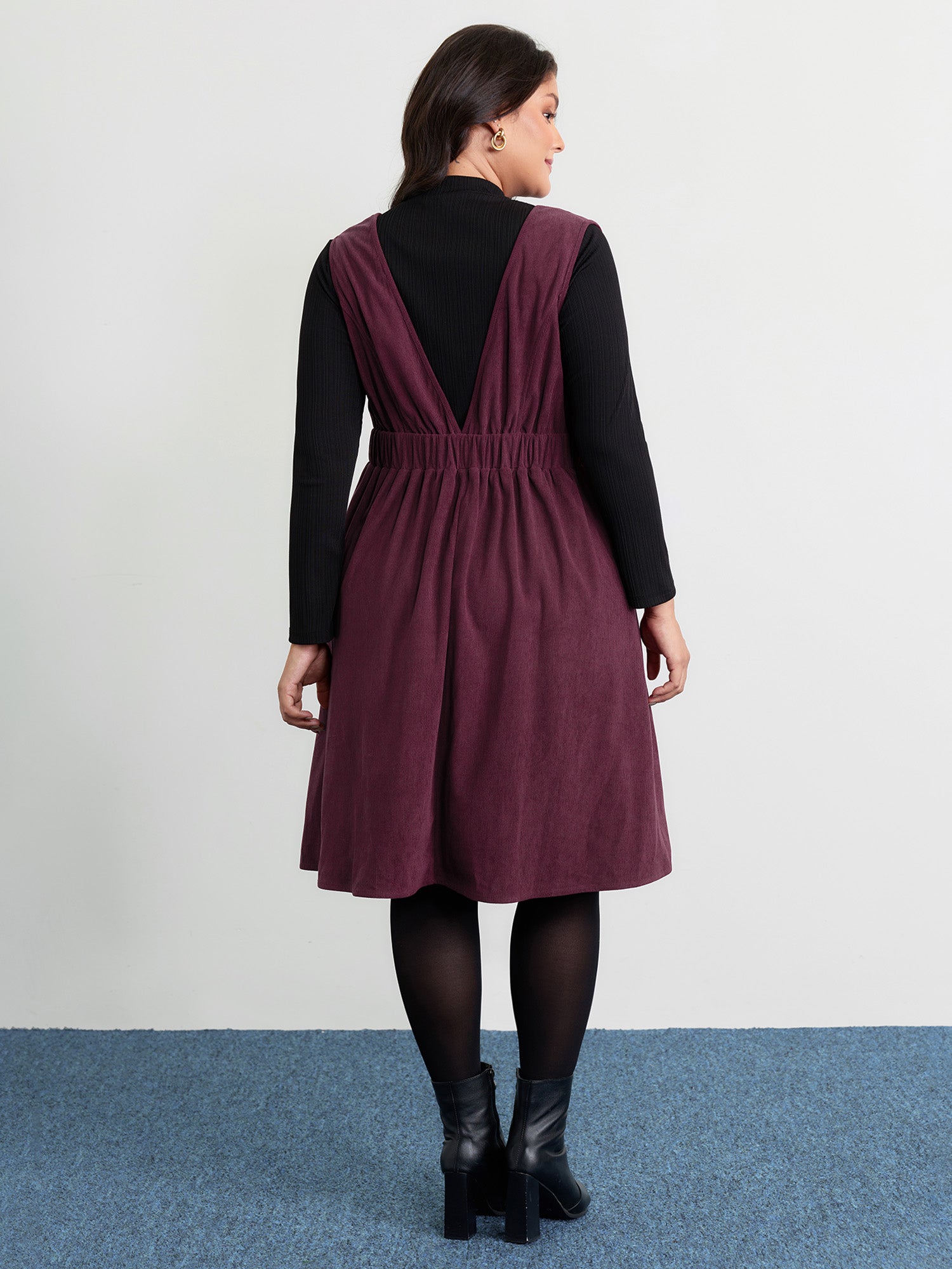 Corduroy Stretchy Waist V-Neck Mini Dress