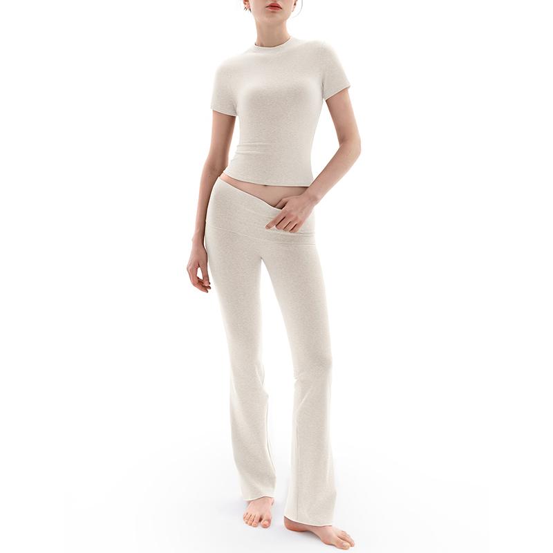 Women's Minimalist Short Sleeve & Fold-Over Flare Pants Lounge Set