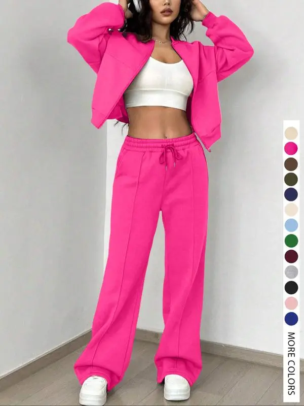 🔥Two-piece Set Women's Solid Zip Up Drop Shoulder Jacket & Pocket Elastic Waist Pants, Casual Fashion Cozy Breathable Two Piece Outfits for Daily Outdoor Wear, Ladies Clothes for All Seasons