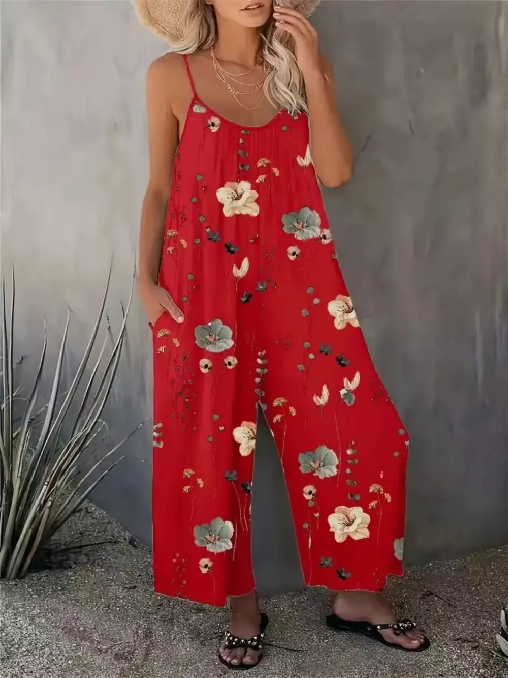 Comfortable Loose Jumpsuit, Perfect Vacation Selection, Just Right Pocket Design, U Neck Ruched Fit