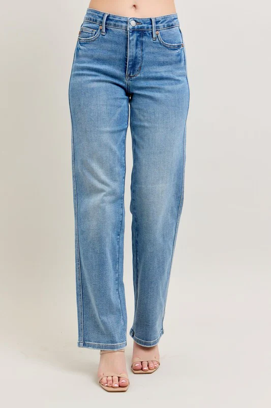 Blue Full Size Tummy Control Vintage Wash Straight Jeans Plus Size