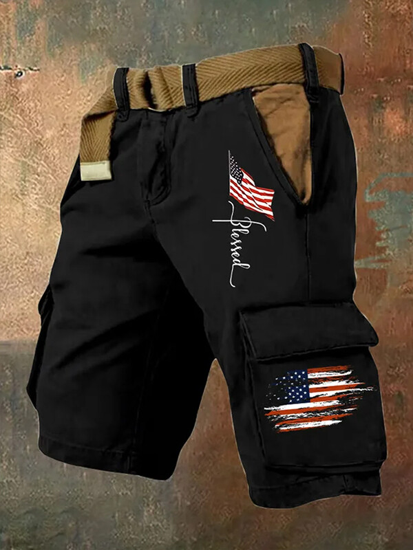 Men's American Flag Blessed Print Denim-Like Cargo Shorts