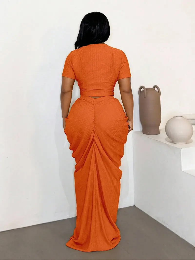 Plus Size Two-Piece Women's Set, Ribbed Short Top & Drawstring Pleated Skirt, Sexy Slim Fit Evening Party Dress