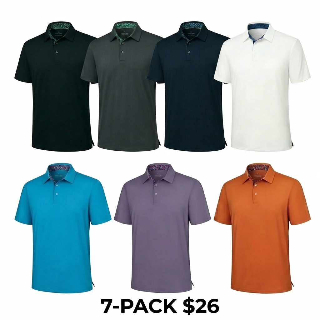 Men's 7-Pack Performance Polo Shirts – UPF30+, Quick-Dry, 4-Way Stretch