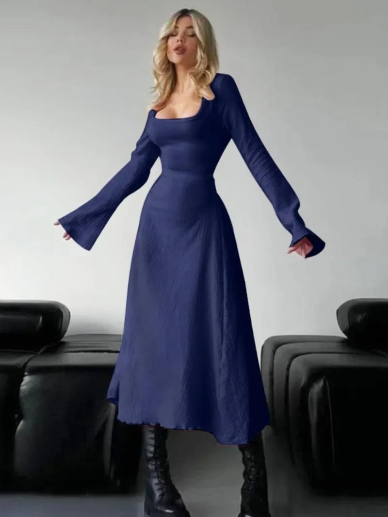 Women's Plain Lace Up Tie Back Flounce Sleeve Dress