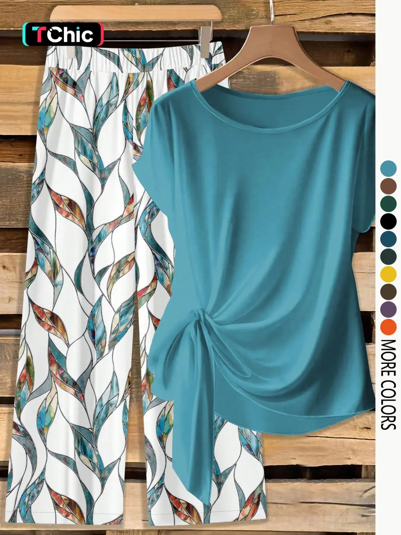 Women's Casual Printed Necktie Shirt and Loose Straight Pants Set
