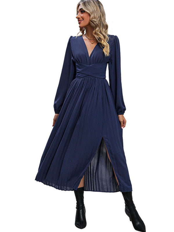 Solid Color Waist Bandage Slit Long Sleeve Dress