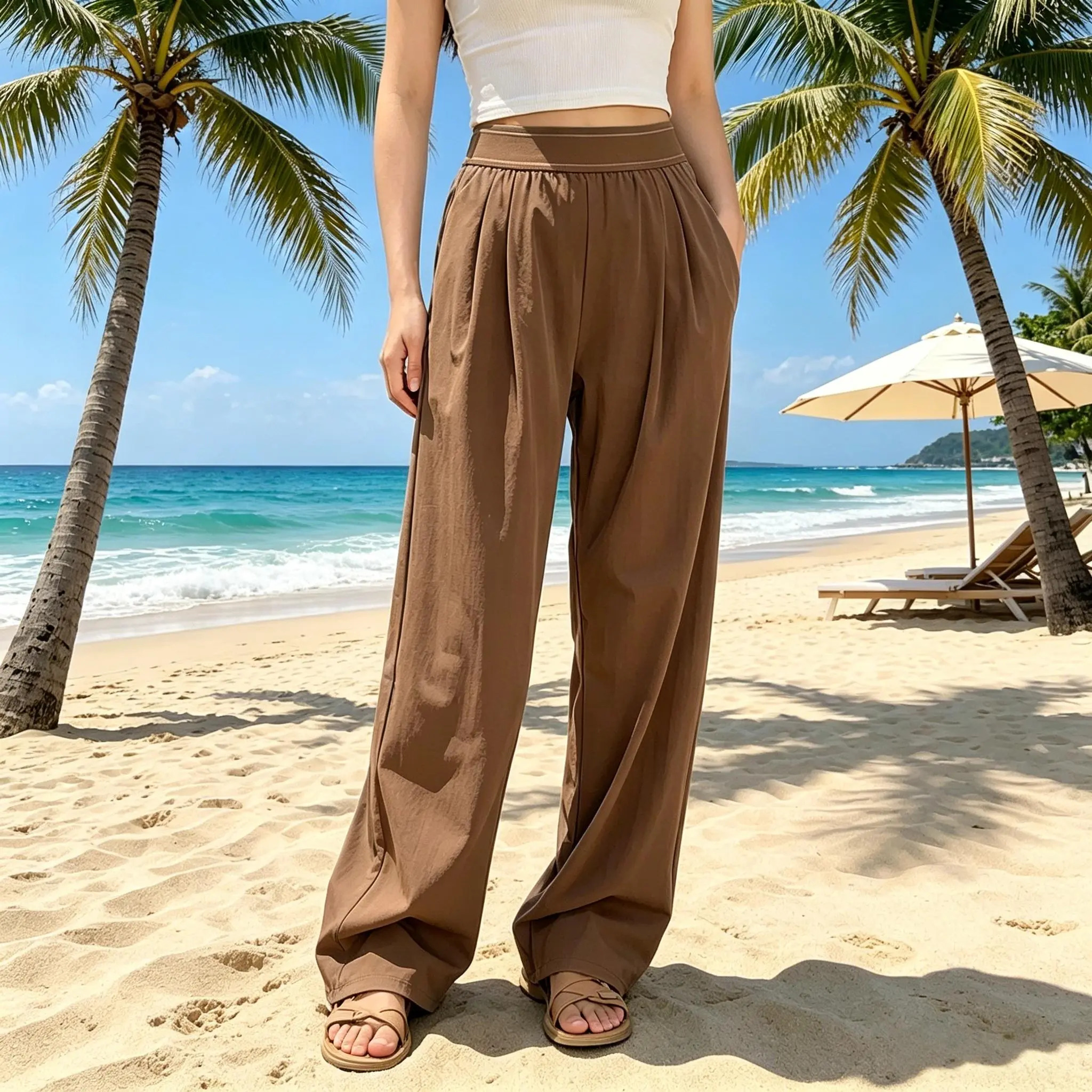 Women's High-Waisted Wide-Leg Casual Pants (with Pockets)
