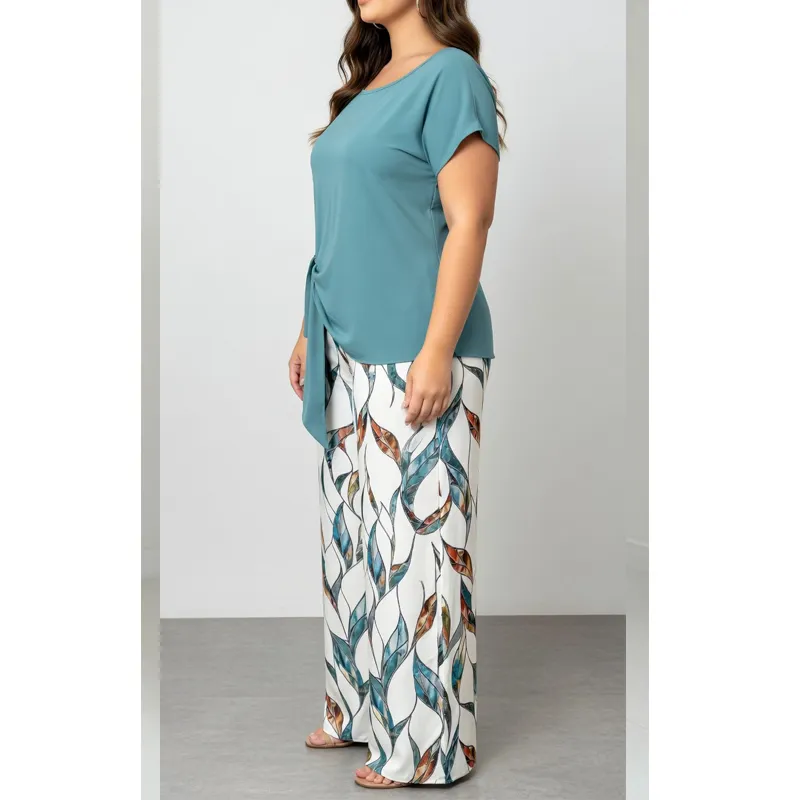 Women's Casual Printed Necktie Shirt and Loose Straight Pants Set