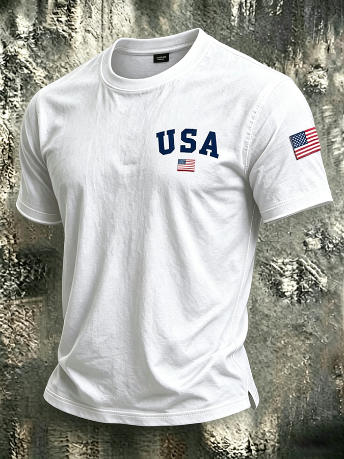 Men'S Casual USA Commemorative Embroidered Printed Round Neck T-Shirt