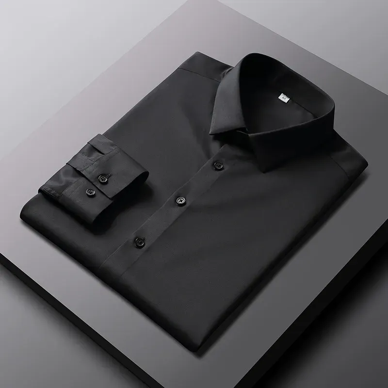 2025 New Elastic Silk White Shirt Men'S Long Sleeve Iron-Free Solid Color Breathable Casual Slim Business Men'S Shirt