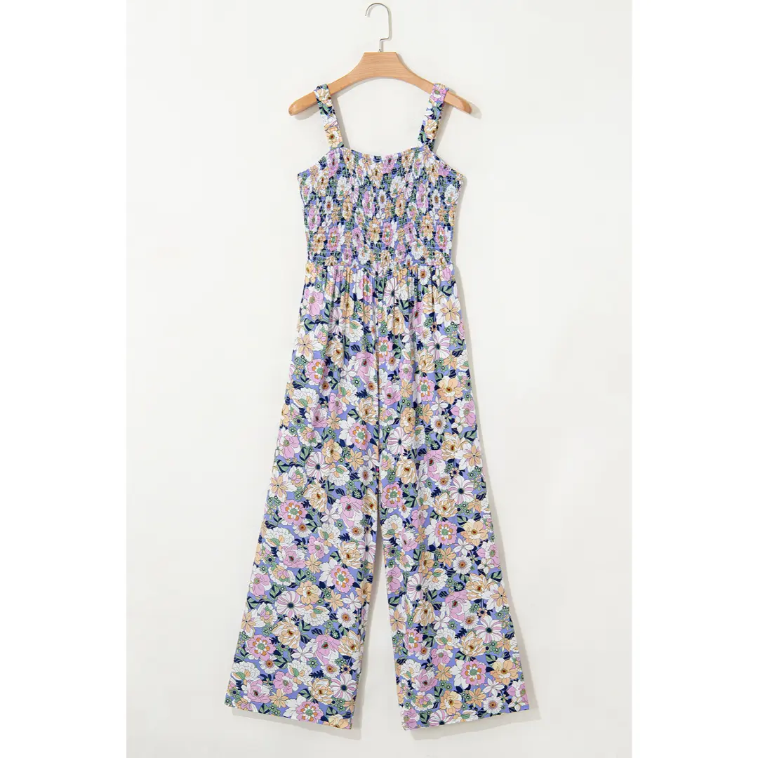 Women's Casual Loose Overalls Jumpsuits One Piece Sleeveless Printed Wide Leg Long Pant Rompers With Pockets Bohemian Womenswear