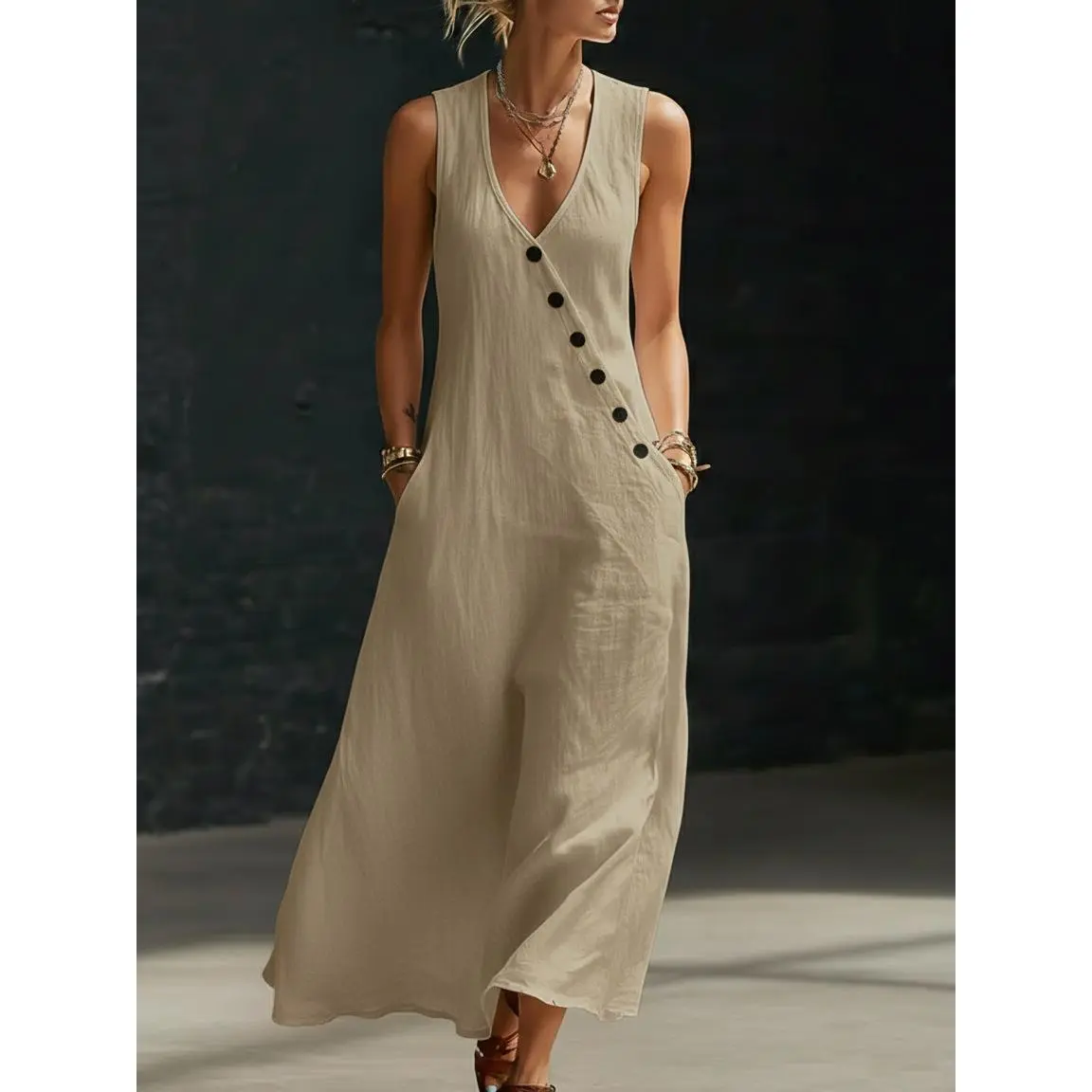 Perfect for Beach, Vacation & Brunch! Sleeveless V-Neck Button Detail Casual Dress with Pockets