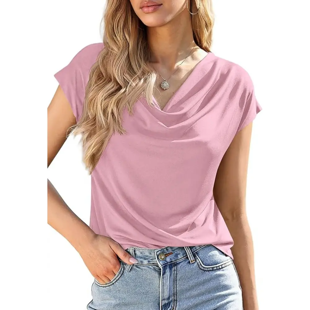 Women's Cowl-Neck Short-Sleeve Top — Elegant Casual Wear, Summer Shirt