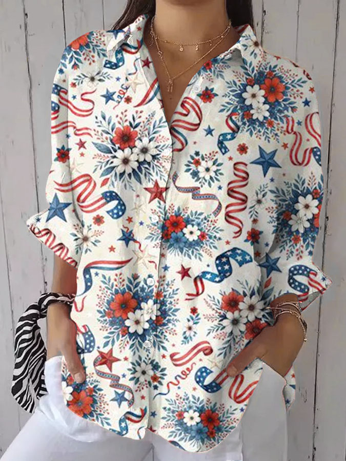 Women'S Flower Independence Day Printed Cotton And Hemp Shirt