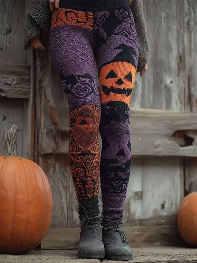 Women's Halloween Pumpkin Expression Spiderweb Print Leggings