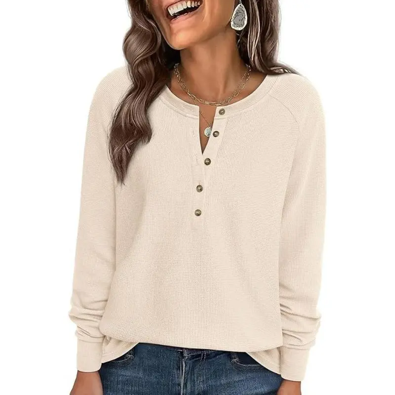 Women's Button Up Waffle Top Long Sleeve Knit Shirts Fall Casual Henley V Neck Tunic Tops