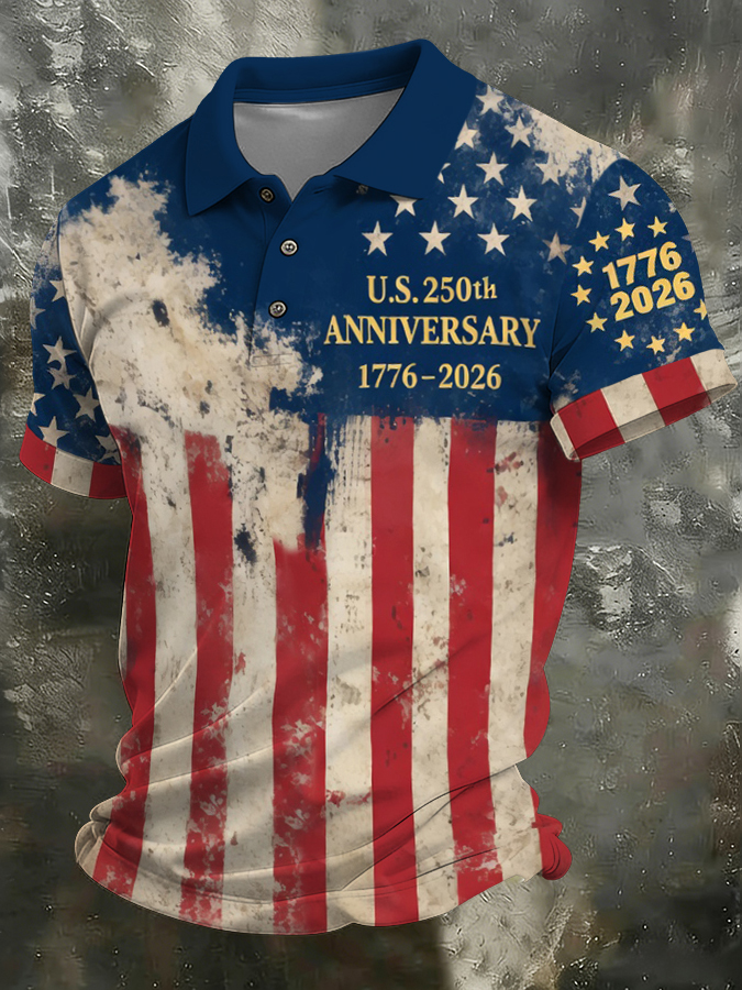 Men'S Independence Day Retro Casual Printed Polo Shirt Short Sleeve
