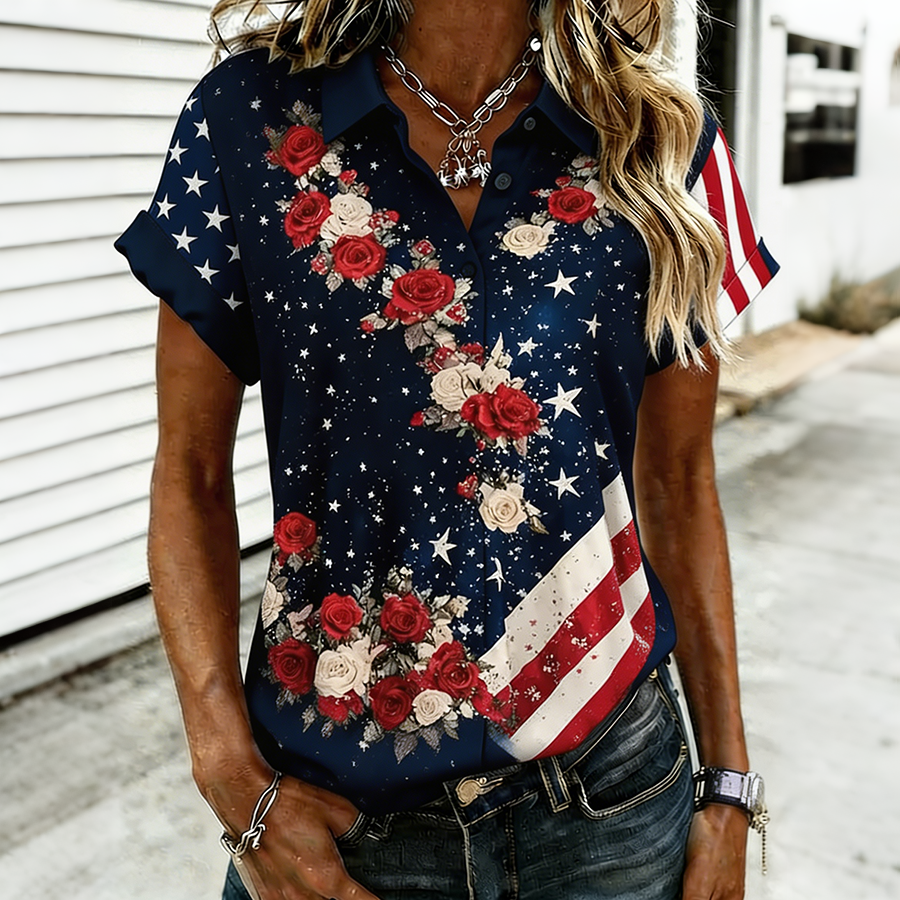 Women's Patriotic American Flag Starry Sky Rose Print Button Down Shirt